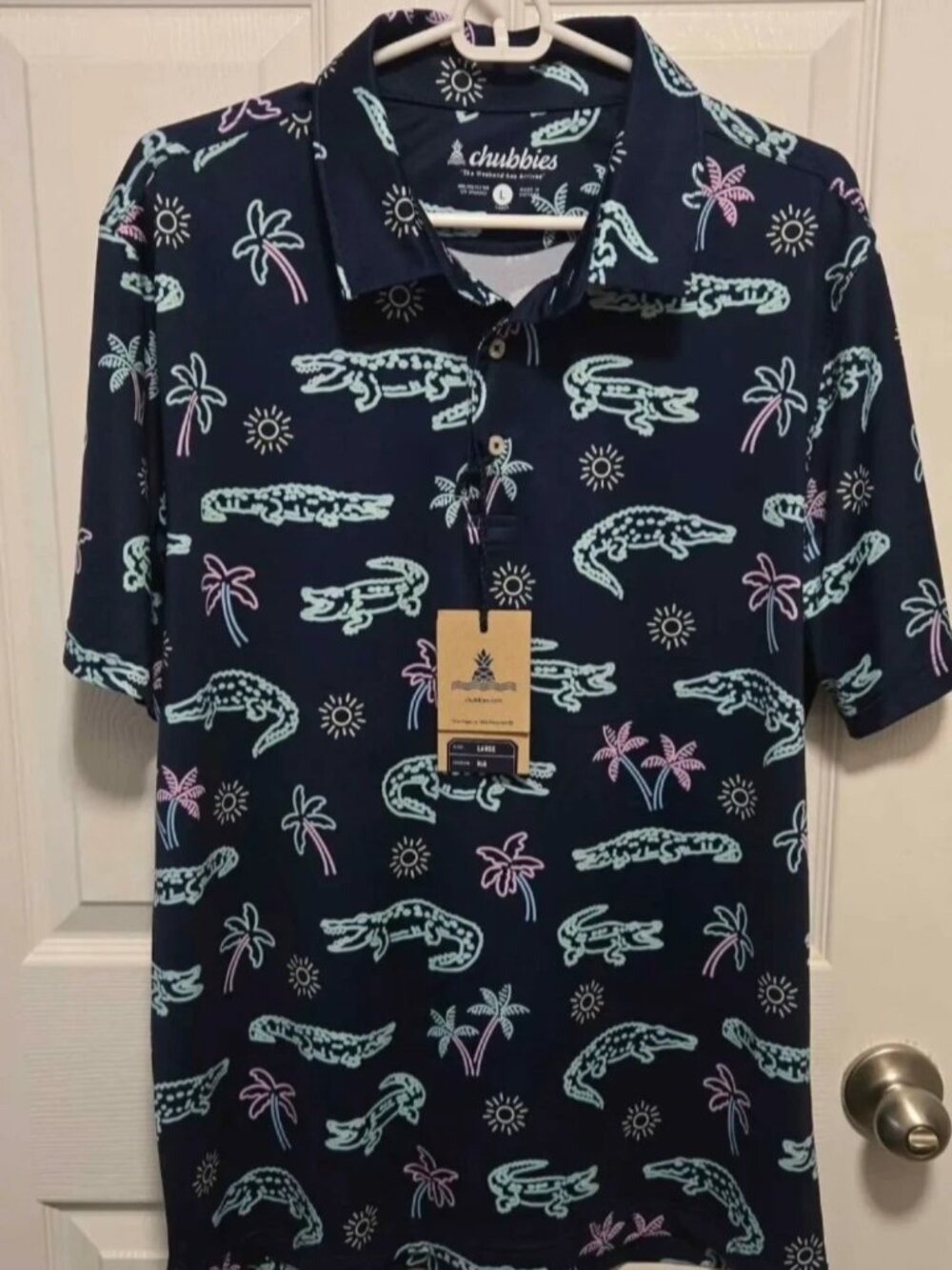 Chubbies Men's Large The Neon Glade Polo 2.0 Navy Alligator Palm Tree. NWT